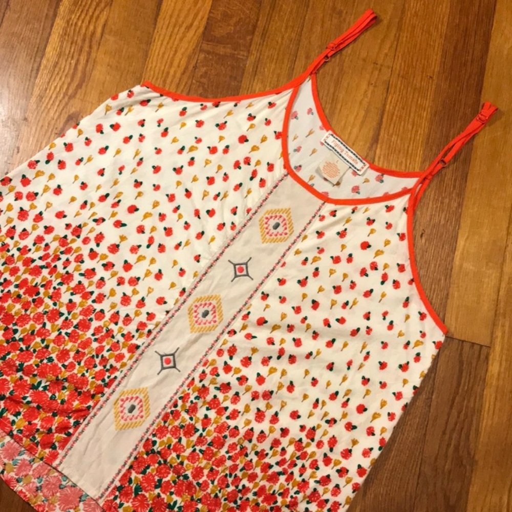 Flying Tomato White Floral Strawberry Print Tank Top with Coral Trim
